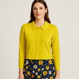 Per Se by Carslile Yellow Cashmere Cotton Blend Collared Sweater Womens L Preppy